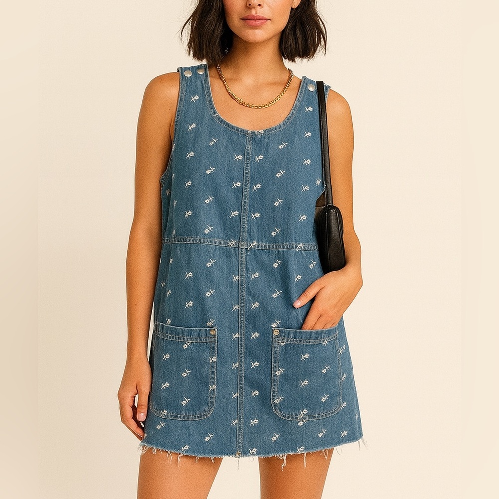 Denim & Co. Mini Tunic Dress | Raw Hem | Embroidered Floral | Small